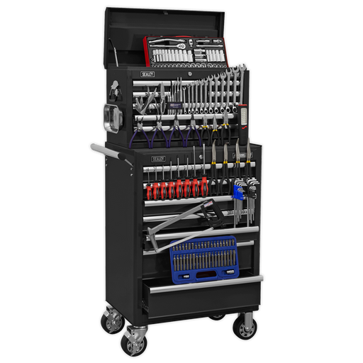 Sealey - APCOMBOBBTK58 Topchest & Rollcab Combination 15 Drawer with Ball Bearing Slides - Black & 147pc Tool Kit Storage & Workstations Sealey - Sparks Warehouse