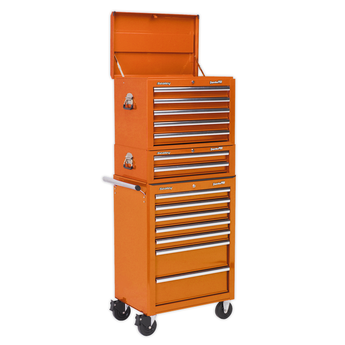 Sealey - Topchest, Mid-Box & Rollcab Combination 14 Drawer with Ball Bearing Slides - Orange Storage & Workstations Sealey - Sparks Warehouse