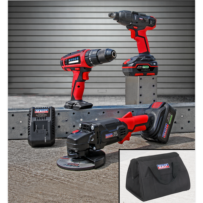 Sealey - CP20VCOMBO1 20V Cordless 13mm Hammer Drill/1/2"Sq Drive Impact Wrench/Ø115mm Angle Grinder Combo Kit Electric Power Tools Sealey - Sparks Warehouse