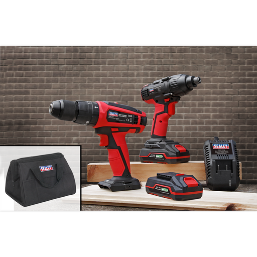 Sealey - CP20VDDCOMBO 20V Cordless Ø13mm Hammer Drill/1/4"Hex Drive Impact Driver Combo Kit Electric Power Tools Sealey - Sparks Warehouse