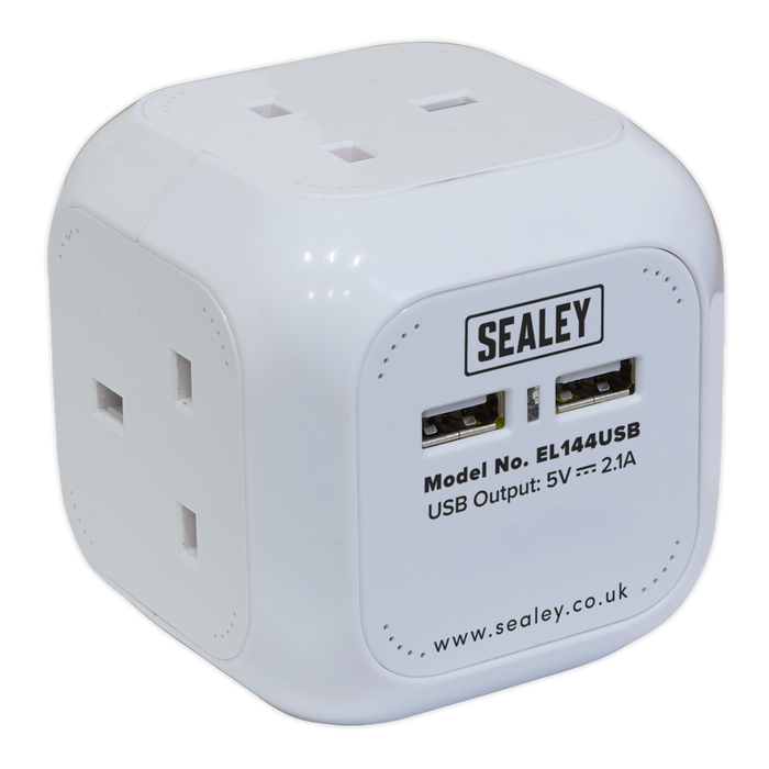 Sealey - EL144USB Extension Cable Cube 1.4m 4 x 230V + 2 x USB Sockets - White Lighting & Power Sealey - Sparks Warehouse