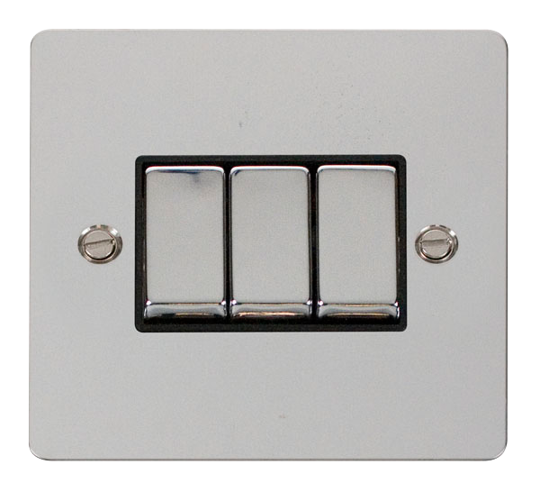 Scolmore FPCH413BK Define Polished Chrome Flat Plate Ingot 10a 3gang 2way Switch  Scolmore - Sparks Warehouse