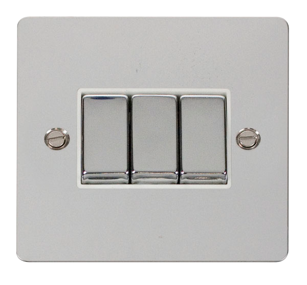 Scolmore FPCH413WH Define Polished Chrome Flat Plate Ingot 10a 3gang 2way Switch  Scolmore - Sparks Warehouse