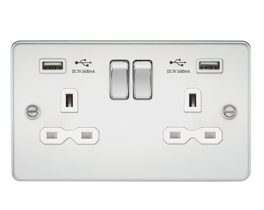 Knightsbridge FPR9224PCW Flat plate 13A 2G switched socket with dual USB charger (2.4A) - polished chrome with white insert ML Knightsbridge - Sparks Warehouse