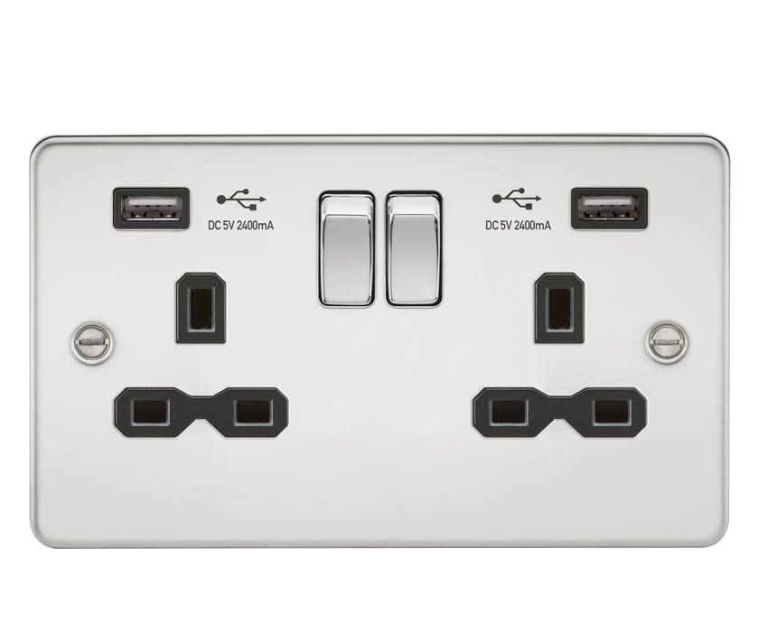 Knightsbridge FPR9224PC Flat plate 13A 2G switched socket with dual USB charger (2.4A) - polished chrome with black insert ML Knightsbridge - Sparks Warehouse