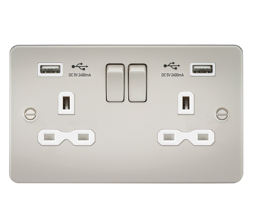 Knightsbridge FPR9224PLW Flat plate 13A 2G switched socket with dual USB charger (2.4A) - pearl with white insert ML Knightsbridge - Sparks Warehouse