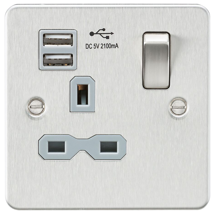 Knightsbridge FPR9901BCG Flat plate 13A 1G switched socket with dual USB charger (2.1A) - brushed chrome with grey insert ML Knightsbridge - Sparks Warehouse