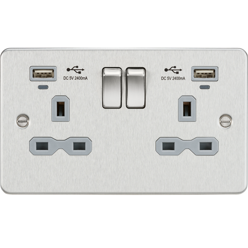 Knightsbridge FPR9904NBCG Flat plate 13A Smart 2G switched socket with USB chargers (2.4A) - Brushed Chrome with grey insert ML Knightsbridge - Sparks Warehouse