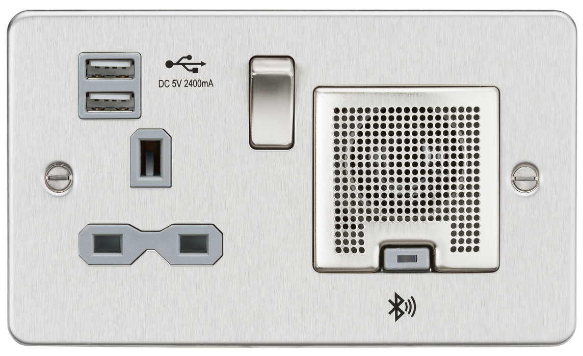 Knightsbridge FPR9905BCG Flat Plate 13A socket, USB chargers (2.4A) and Bluetooth Speaker - Brushed chrome with grey insert ML Knightsbridge - Sparks Warehouse