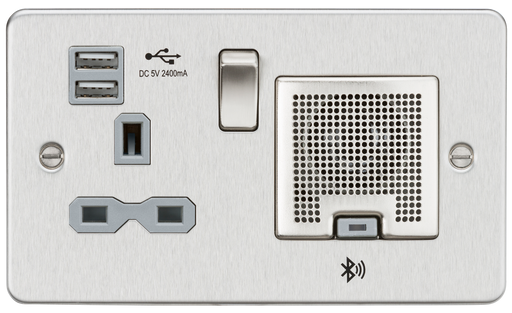 Knightsbridge FPR9905BCG Flat Plate 13A socket, USB chargers (2.4A) and Bluetooth Speaker - Brushed chrome with grey insert ML Knightsbridge - Sparks Warehouse