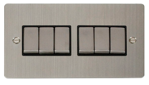 Scolmore FPSS416BK Define Stainless Steel Flat Plate Ingot 10a 6gang 2way Switch  Scolmore - Sparks Warehouse