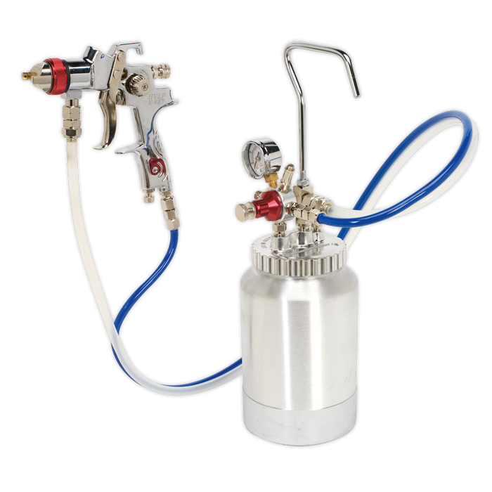 Sealey - HVLP-79/P HVLP Pressure Pot System with Spray Gun & Hoses 1.7mm Set-Up Bodyshop Sealey - Sparks Warehouse