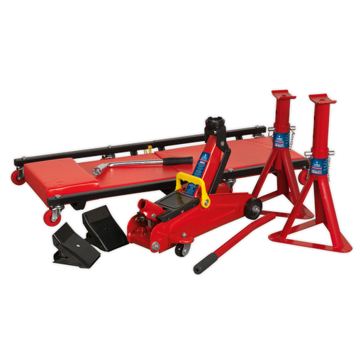 Sealey - JKIT01 Lifting Kit 5pc 2tonne (Inc Jack, Axle Stands, Creeper, Chocks & Wrench) Jacking & Lifting Sealey - Sparks Warehouse