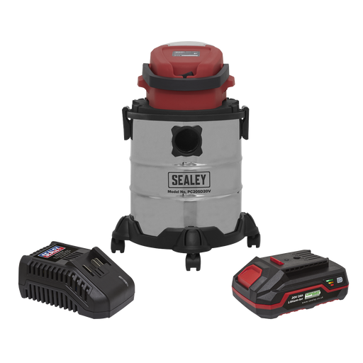 Sealey - PC20VCOMBO2 Vacuum Cleaner 20L Wet & Dry Cordless 20V with 2Ah Battery & Charger Janitorial, Material Handling & Leisure Sealey - Sparks Warehouse