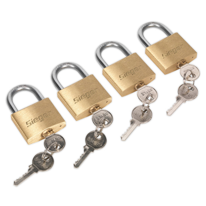 Sealey - S0992 Brass Body Padlock with Brass Cylinder 40mm Key Alike Pack of 4 Storage & Workstations Sealey - Sparks Warehouse