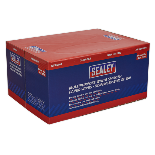 Sealey - SCP1501 Multipurpose Paper Wipes in Dispenser Box - Smooth White 73gsm 150 Sheets Consumables Sealey - Sparks Warehouse