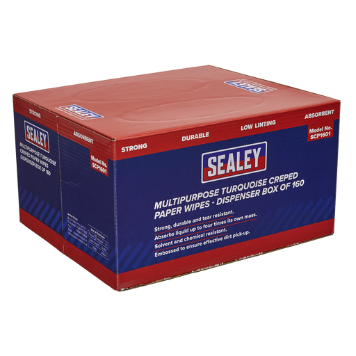 Sealey - SCP1601 Multipurpose Paper Wipes in Dispenser Box - Creped Turquoise 69gsm 160 Sheets Consumables Sealey - Sparks Warehouse
