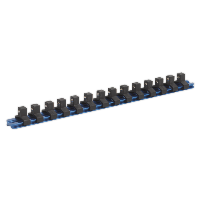 Sealey - SR3814 Socket Retaining Rail with 14 Clips Aluminium 3/8"Sq Drive Hand Tools Sealey - Sparks Warehouse