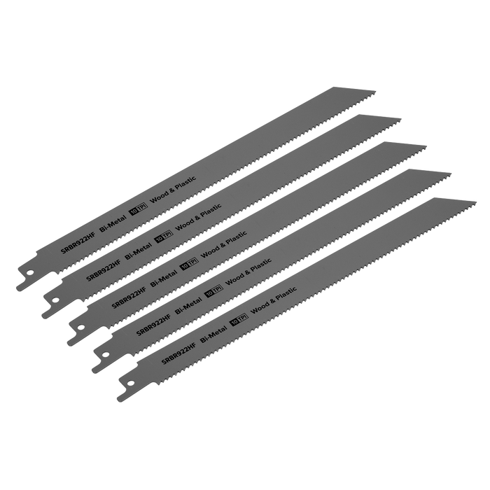 Sealey - Reciprocating Saw Blade Wood & Plastics 230mm 10tpi - Pack of 5 Consumables Sealey - Sparks Warehouse