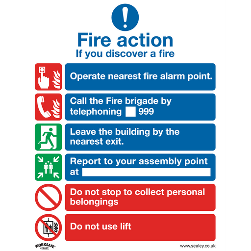 Sealey - SS19P1 Fire Action With Lift - Safe Conditions Safety Sign - Rigid Plastic Safety Products Sealey - Sparks Warehouse