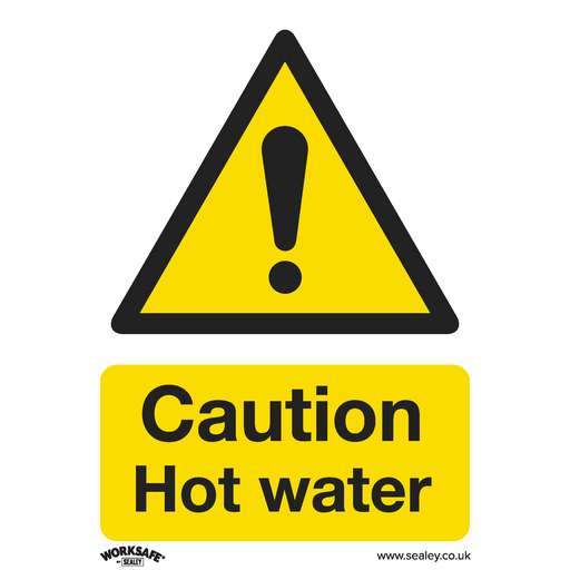 Sealey - SS38V10 Caution Hot Water - Warning Safety Sign - Self-Adhesive Vinyl - Pack of 10 Safety Products Sealey - Sparks Warehouse