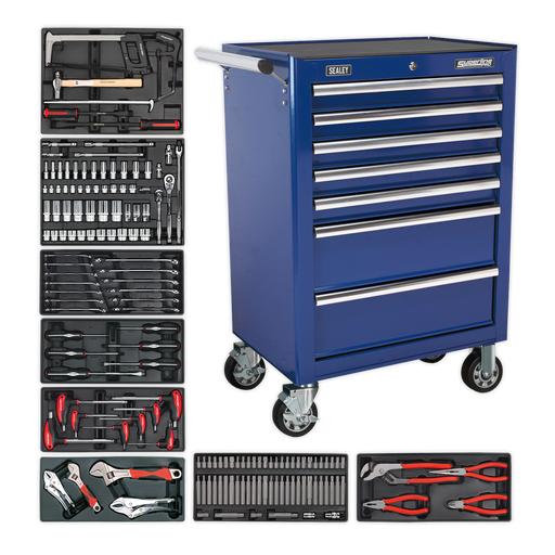 Sealey - Rollcab 7 Drawer - Ball Bearing Slides - Blue with 156pc Tool Kit Storage & Workstations Sealey - Sparks Warehouse