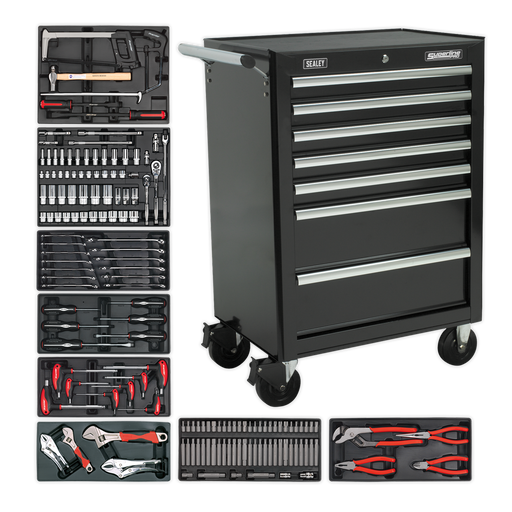 Sealey - Rollcab 7 Drawer - Ball Bearing Slides - Black with 156pc Tool Kit Storage & Workstations Sealey - Sparks Warehouse