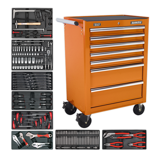 Sealey - Rollcab 7 Drawer - Ball Bearing Slides - Orange with 156pc Tool Kit Storage & Workstations Sealey - Sparks Warehouse