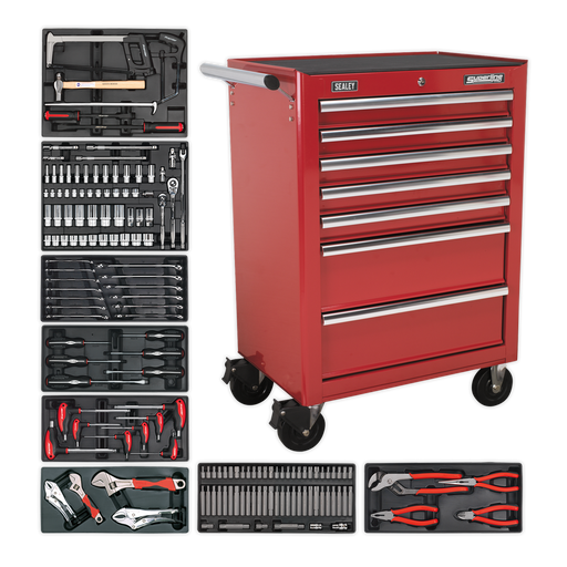 Sealey - Rollcab 7 Drawer - Ball Bearing Slides - Red with 156pc Tool Kit Storage & Workstations Sealey - Sparks Warehouse
