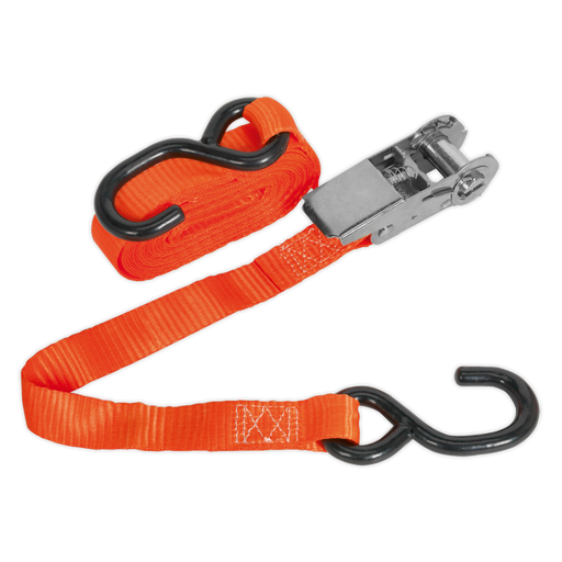 Sealey - TD0845S Ratchet Tie Down 25mm x 4.5m Polyester Webbing with S Hook 800kg Load Test Janitorial / Garden & Leisure Sealey - Sparks Warehouse