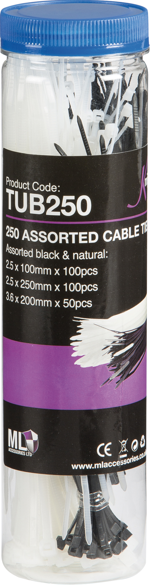 Knightsbridge TUB250 TUB OF 250 CABLE TIES (ASSORTED SIZES IN Black & NATURAL) KB Knightsbridge - Sparks Warehouse